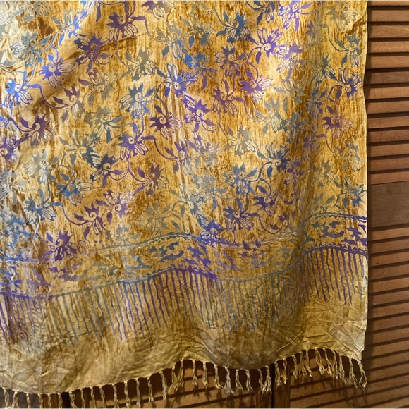 Colorful Gold and Rustic Fringe Shawl/Wrap with Purple and Blue Graphic Designs - Picture 4 of 9